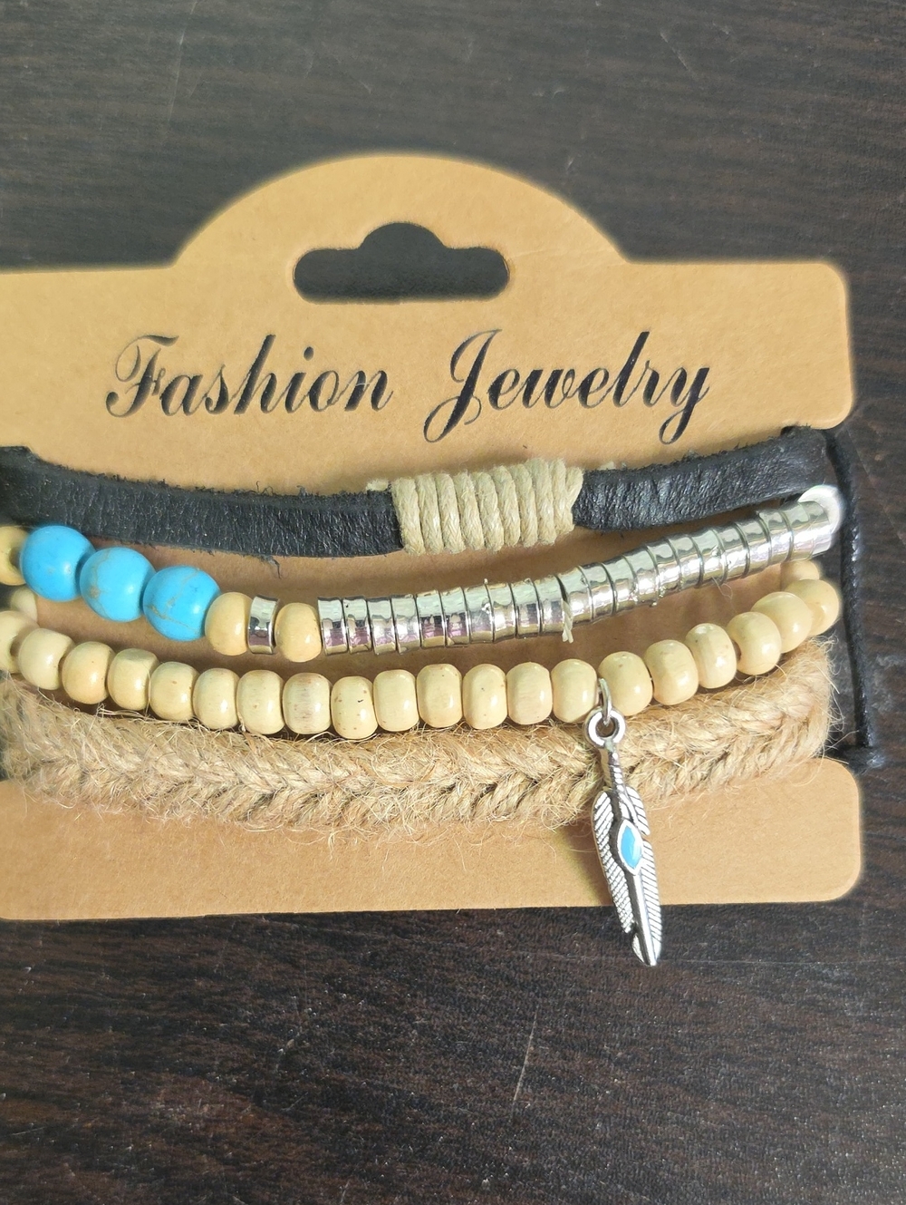 4 pk Turquoise & Hemp Layered Bracelet Set with Feather Charm